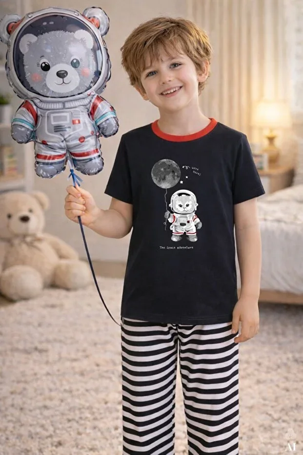 Boys Cotton Striped Printed Short Sleeve Long Bottom Pajama Set