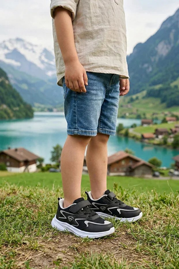 Children's Black Lace-up Single Velcro Flexible Lightweight Breathable Unisex Mesh Sneaker Sports Shoe