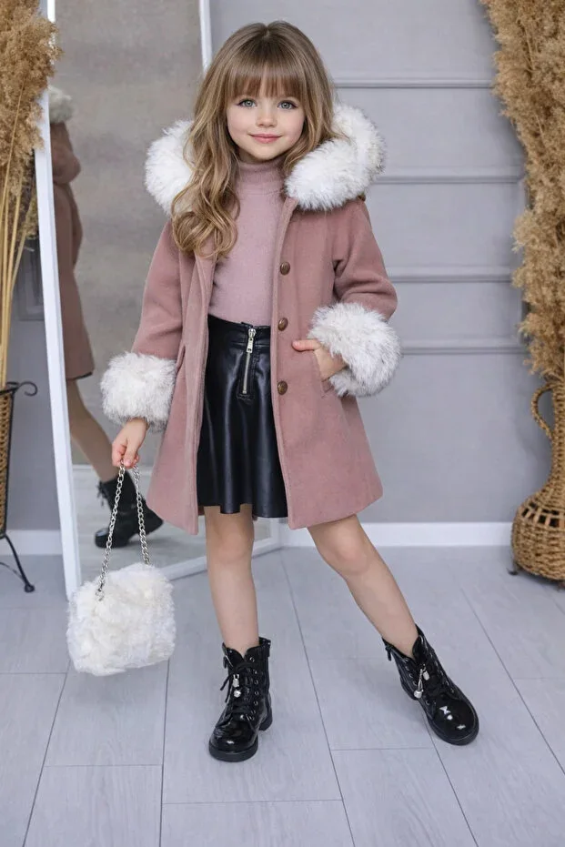 Girl Child Leather Skirt Plush Bag Wool Sweater Cashmere Coat Set Clothing