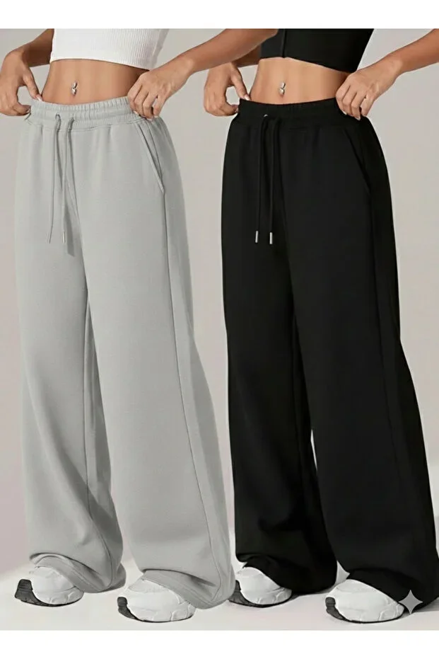 2-Piece Pack Women's Seasonal Oversize Sweatpants Set - Black & Grey Color Options - Relaxed Fit