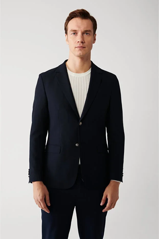 Men's Navy Blue Lapel Pocket Lined Double Vent Wool Slim Fit Jacket A32Y4029