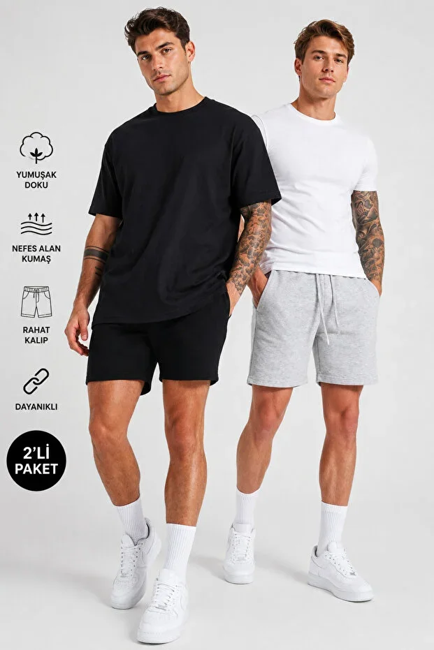 Men's Black-Grey 2-Pack Solid Color Regular Shorts