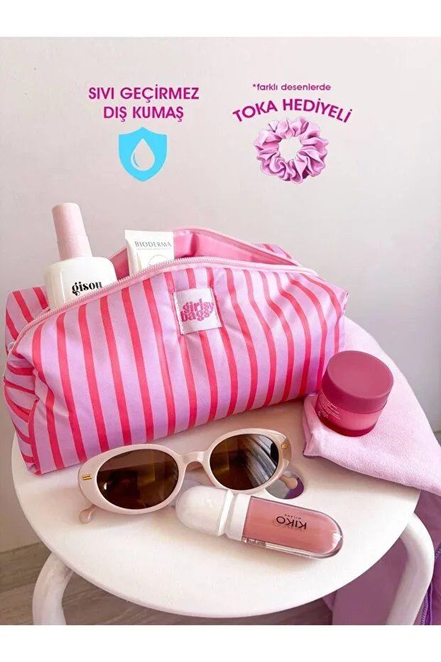 Pink Striped Waterproof Makeup Bag Beach Pool Cosmetic Bag Washable Large Size