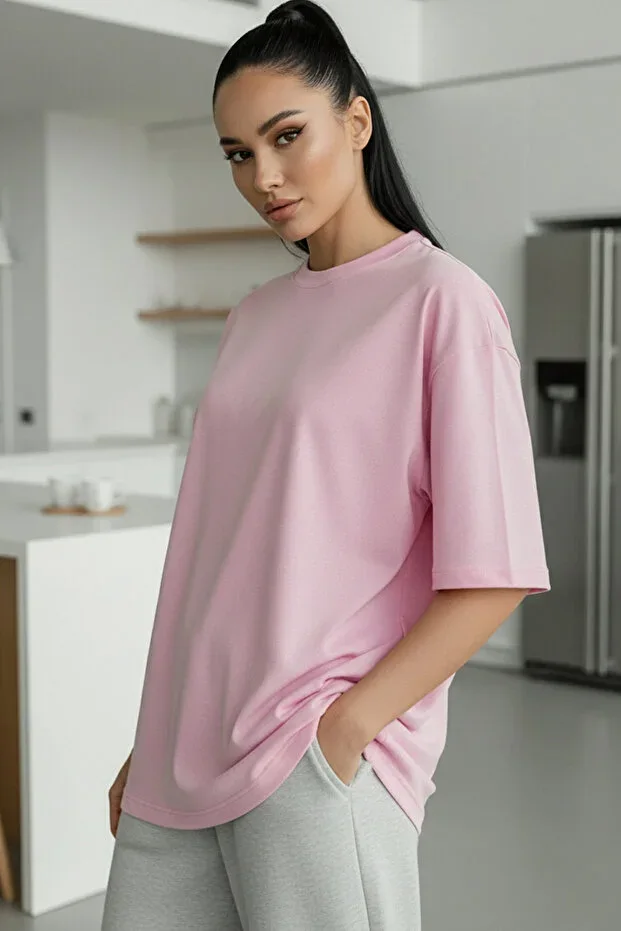 Teenage Millionaire Light Pink Basic Plain Unprinted Oversize Loose Boyfriend Women's T-shirt