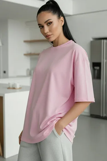 Teenage Millionaire Light Pink Basic Plain Unprinted Oversize Loose Boyfriend Women's T-shirt