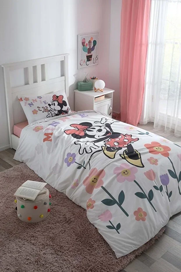 Licensed Fitted Sheet Single Children's Duvet Cover Set-Minnie Flowers White