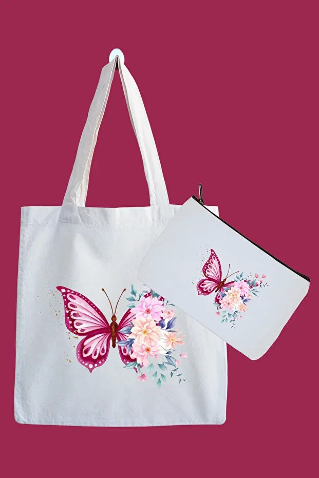 Butterfly Print Canvas Bag and Pencil Case Set