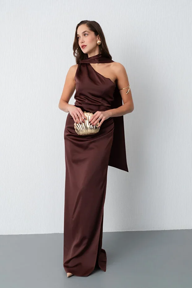 Lafaba Women's Brown Scarf Collar Slit Long Satin Evening Dress