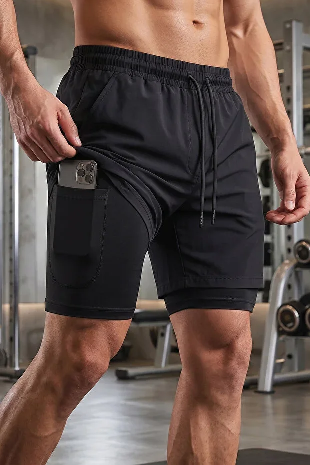 Men's Running Quick-Dry Micropoly Training Football Fitness Short with Inner Shorts Outdoor Shorts