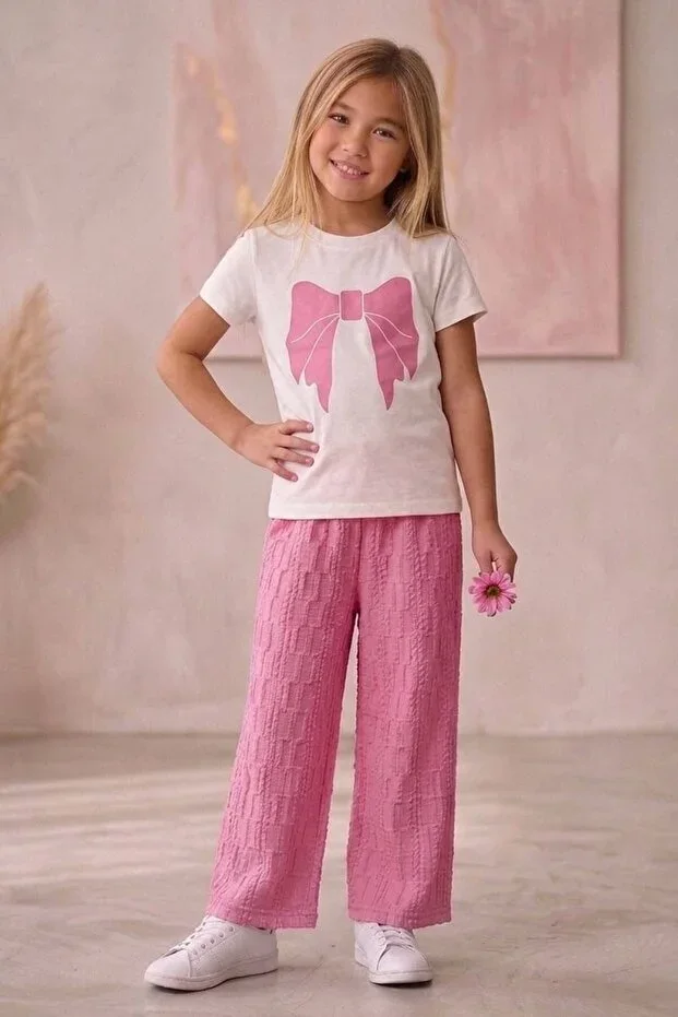 Ribbon Printed Pink Cotton Girls' Set