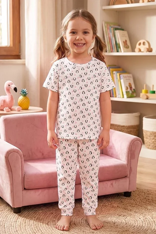 Girls' Cotton Pajama Set Short Sleeve Long Bottom Penguin Pattern Comfortable Sleep Fit (474001)