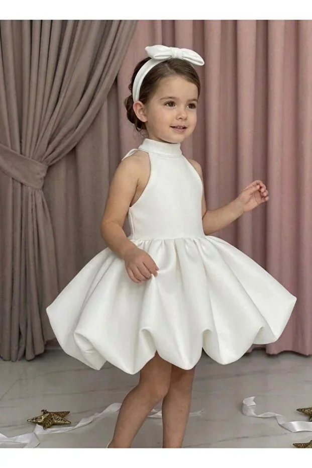 Girls Powder Pink Bow Detailed Balloon Skirt Evening Dress Custom Size Available