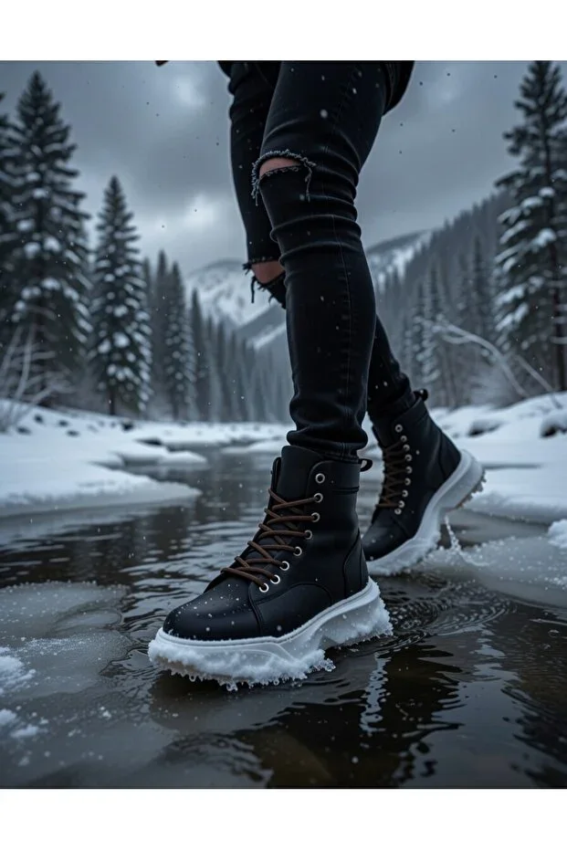 Men's Casual Black White Classic Boots Laced High-Top Faux Leather Water-Resistant Comfortable Winter Shoes