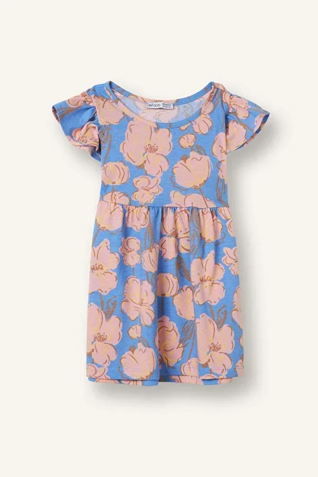 Patterned Ruffled Short Sleeve Blue Dress Baby Girl H2176A526SM