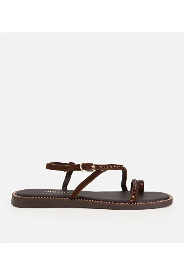 Women's Leather Brown Stone Detailed Lace-Up Flat Sandal
