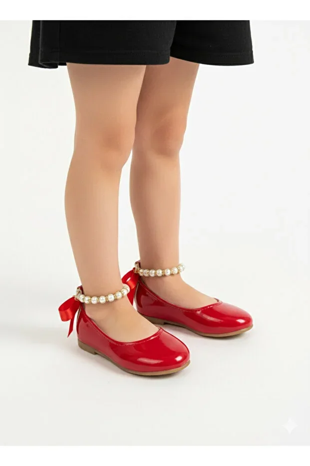 Red Patent Leather Anklet Pearl Girl Child Ballet Flats