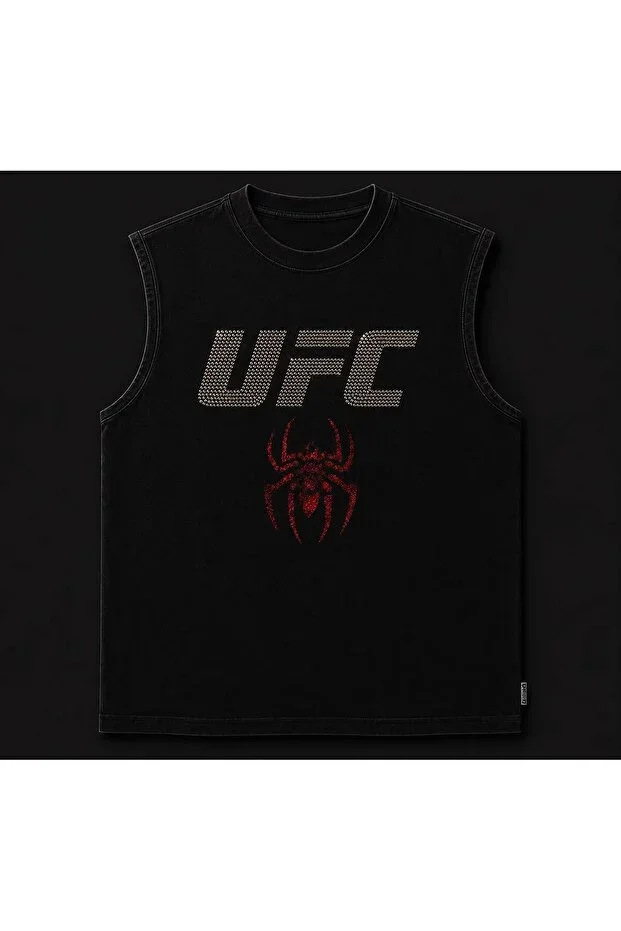 Black Men's Cotton Training Athlete Vest Oversize Spider Stone Print Sleeveless T-Shirt