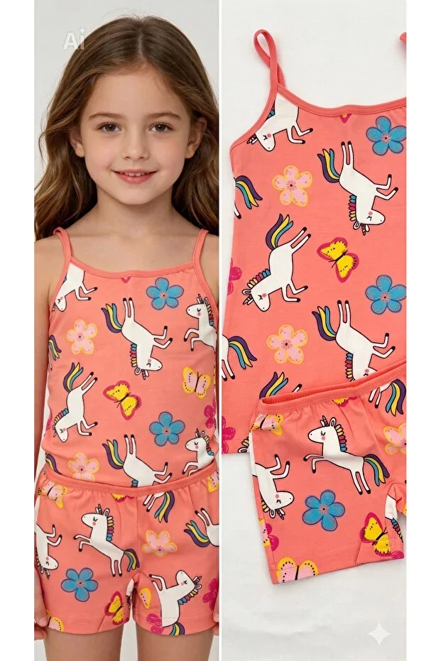Girl's Unicorn and Butterfly Patterned 100% Cotton Pink Strap Shorts Pajama Set - 2-Piece Pajama Set