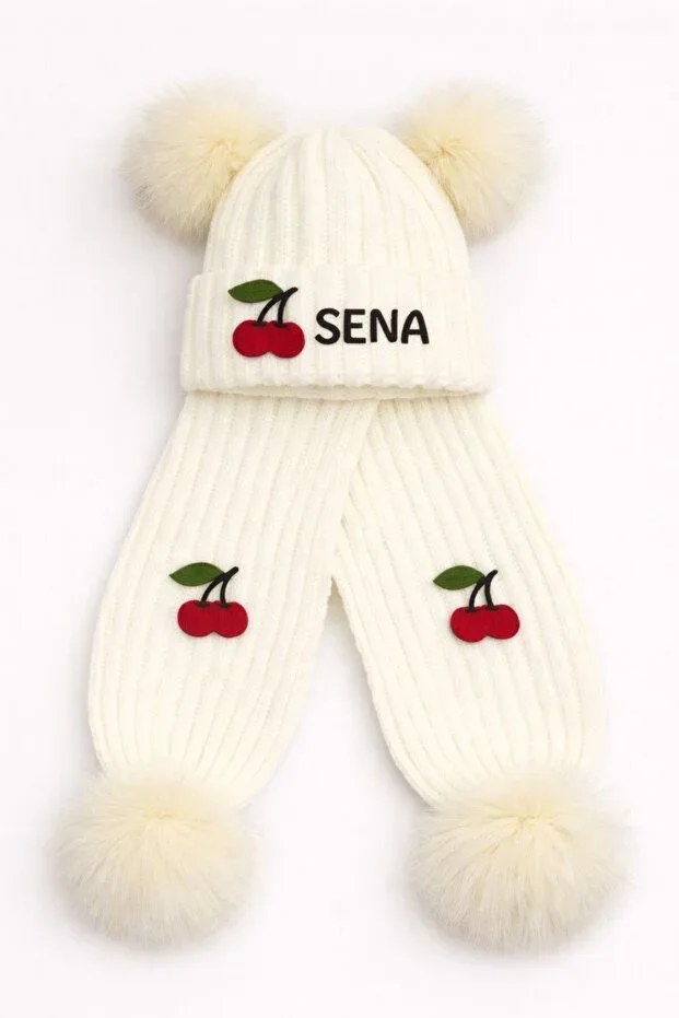 GIRLS' NAME CREAM KNITTED SCARF HAT SET