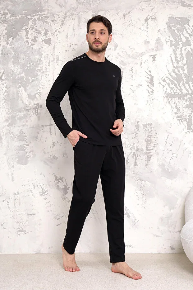 D'S Maschio 90% Cotton 10% Elastane Soft Texture Pajama Set with Shoulder Detail BLACK
