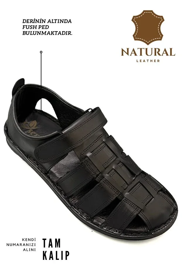 100% Genuine Leather Closed Toe Men's Sandal Black
