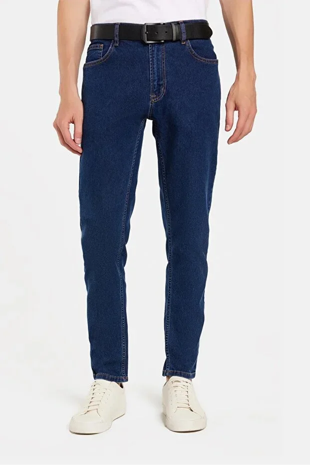 Men's Regular Fit Washed Stone Washed Stretch Straight Leg Tapered Navy Jean Trousers