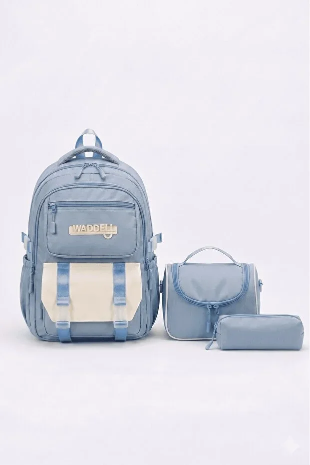 Licensed Twill Fabric Niss Model Blue School Backpack, Thermal Lunch Bag and Pencil Case