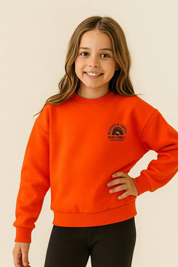 Orange Girls' Back Print Brushed Thick Sweatshirt