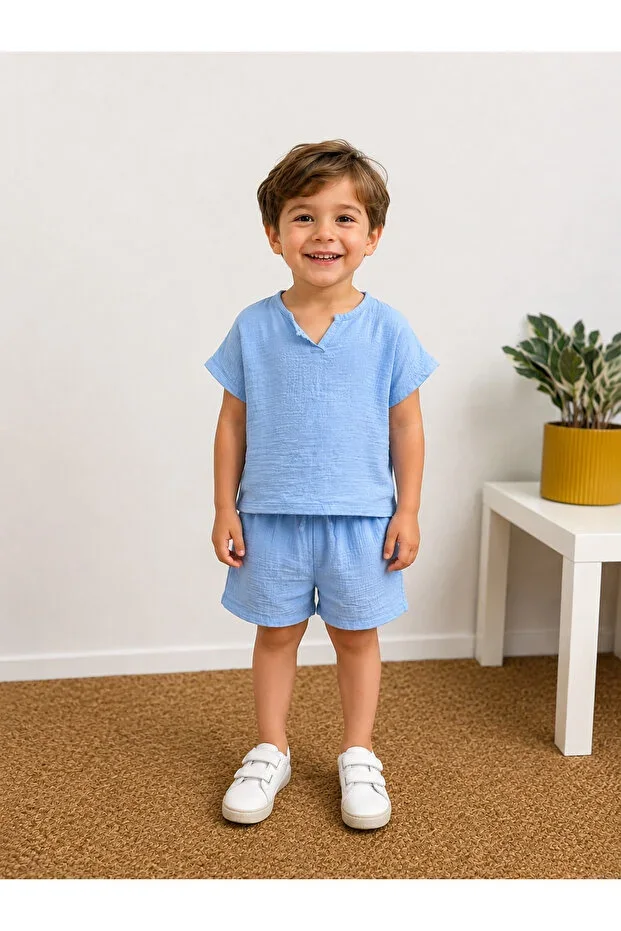 Girls and Boys Blue Muslin Set with Shorts
