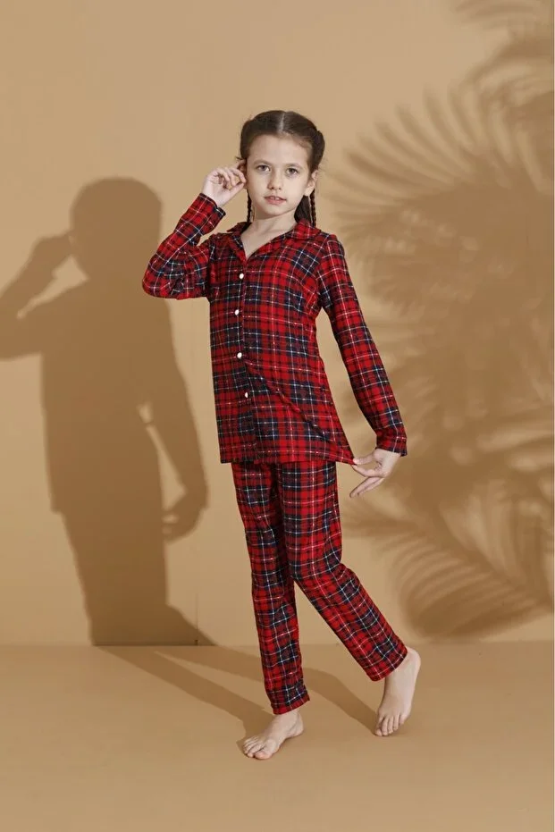Red Plaid Button-Up Girl's Pajama Set