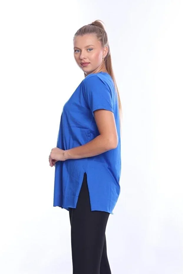 %100 Cotton Women's Sax Blue V-neck Side Slit Asymmetric Combed Cotton Knit T-shirt Tee Tunic