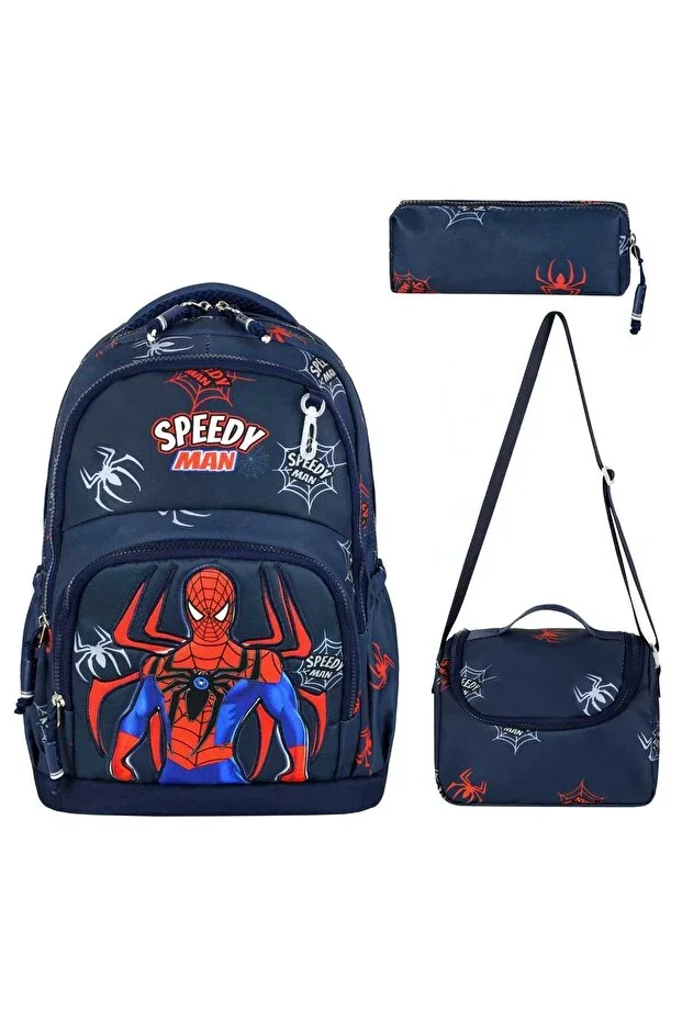 Boys Premium Orthopedic Waterproof Fabric Primary School Backpack Thermal Lunch Box and Pencil Case