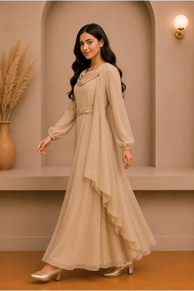 DAĞON'S GIRL'S SPECIAL SEQUINED TULLE FABRIC EVENING DRESS, WEDDING AND GRADUATION DRESS WITH BALLOON SLEEVE DESIGN, DRAPE AND BELT DETAIL