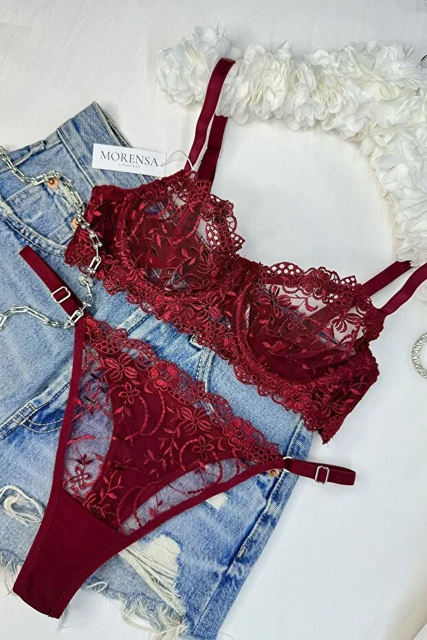Floral Underwired Bra Lingerie Set Burgundy