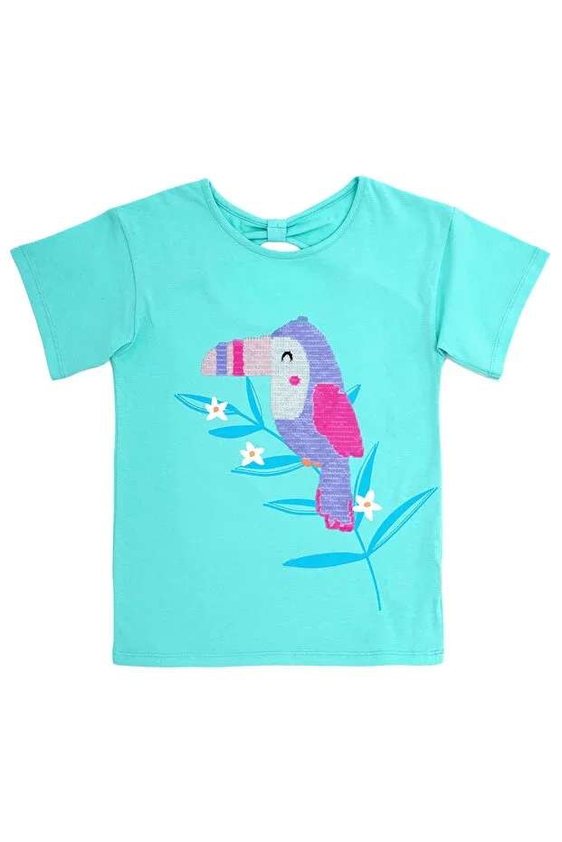 %100 Cotton Girls Pink Bird Print Sequin T-Shirt - Cute and Colorful Summer T-Shirt