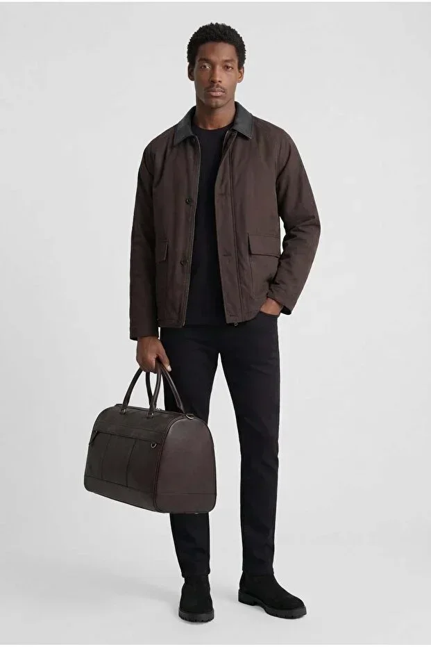 Men's Collar Leather Detailed Coat