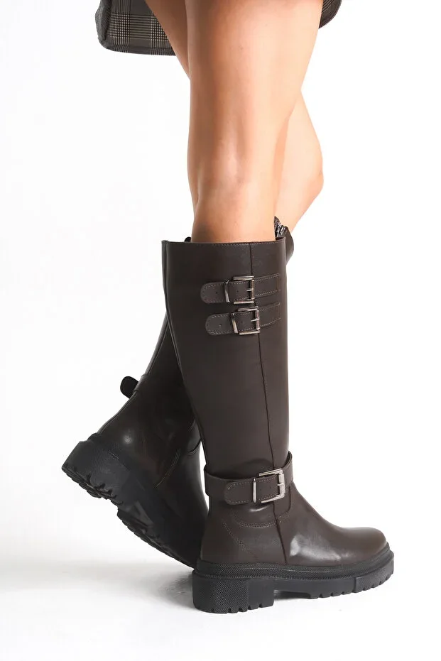 Brown Leather Women's Boot Non-Slip Sole Zipper Emy