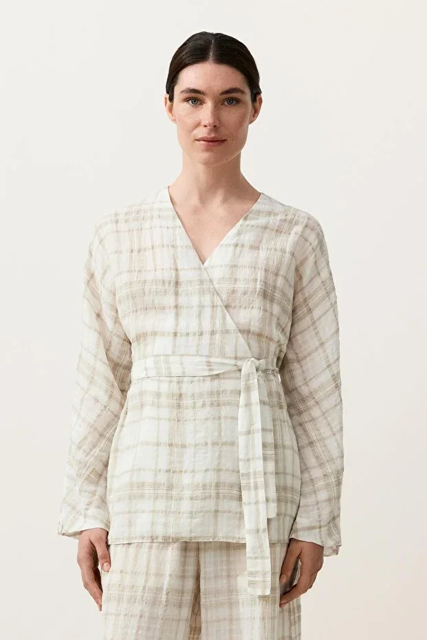 Oysho Checked 100% Linen Kimono Shirt