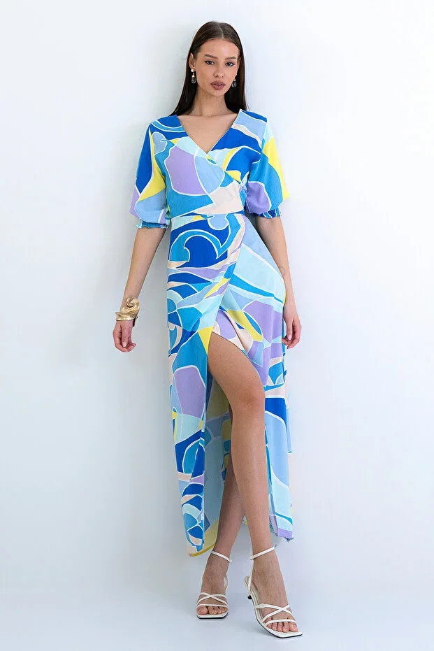 Blue Crossover Neck Retro Patterned Sleeve Gipi Woven Midi Dress ALC-X15191