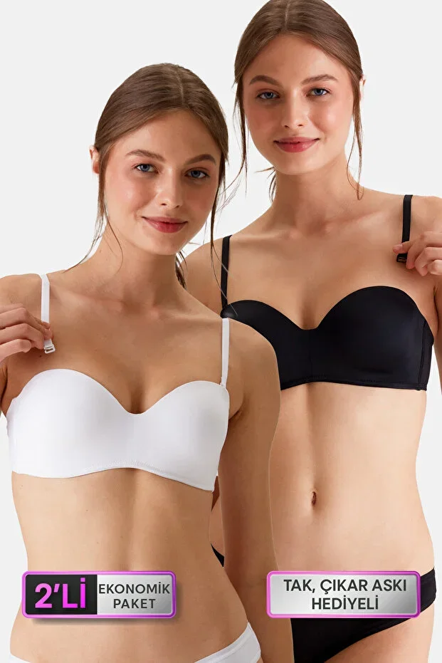 2'li Economic Pack Black White 6800 Ales Ultra Light Full Cup Padded Micro Strapless Bra Set