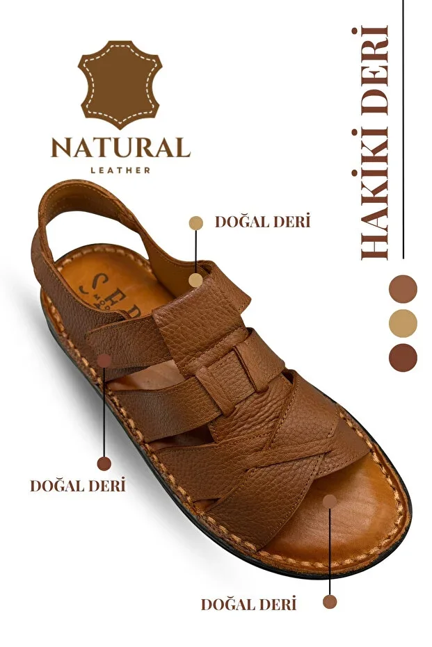 Genuine Real Leather Velcro Men's Sandal Cross Strap Tab