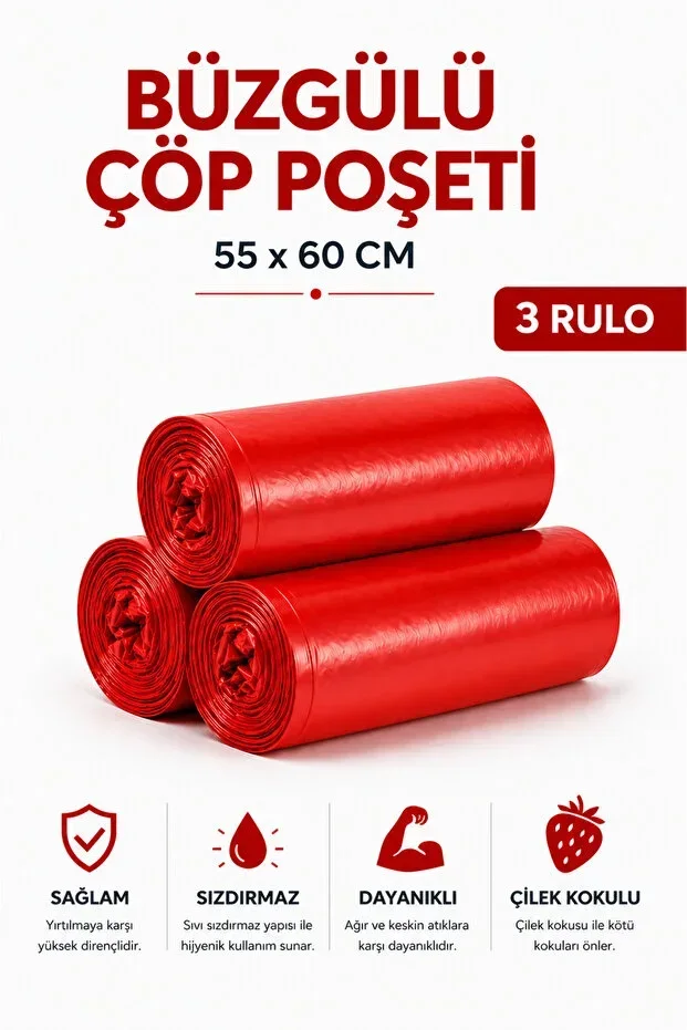 Gathered Trash Bag Strawberry Scented 55×60 cm Medium Size 3 Rolls Durable Leak-proof Thick Trash Bag