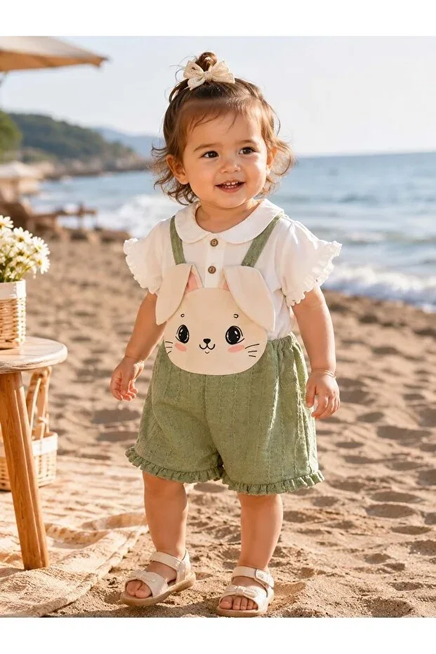 Bebinni Rabbit Pattern Muslin Fabric Slopet Girl Set 9-24 Months -AY9014228 - WATER GREEN