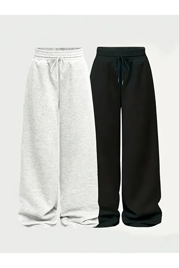 Seasonal Women's 2 Piece Black + Grey Sweatpants Wide Leg Baggy Plus Size Pocket Adjustable