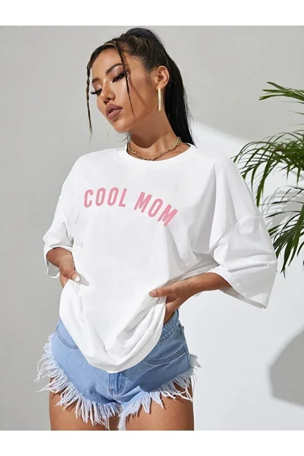 Women's White Cool Mom (PINK PRINT) Maternity T-shirt 100% Cotton