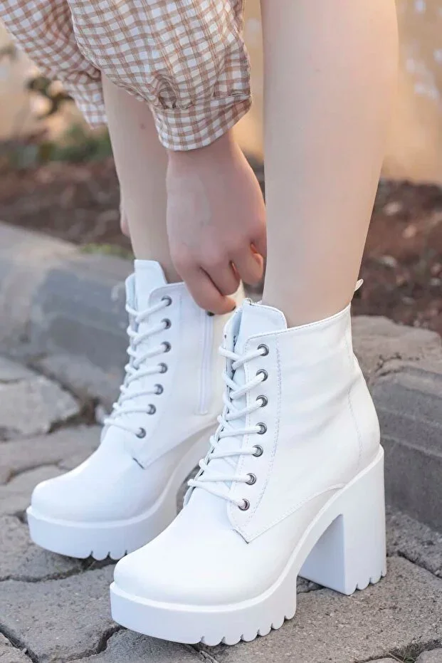 JVL 207 Lace Detail High Heel Boots-WHITE-LEATHER