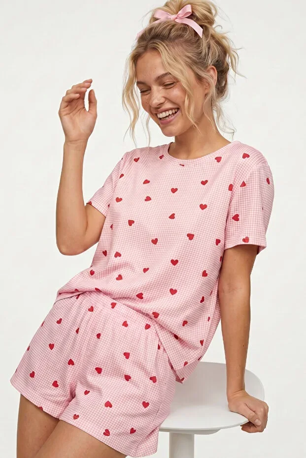 PINK CHECKERED HEART Pattern Thin Soft Knit Seasonal Pajama Set with Shorts 8045
