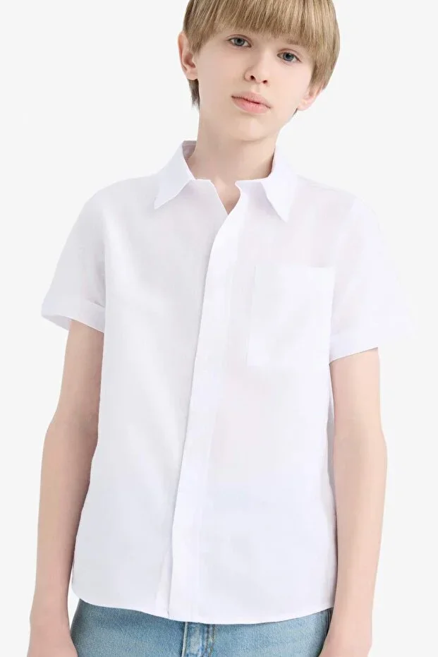 100% Cotton Polo Neck Linen Look Basic Plain Short Sleeve Shirt Boys Z3204A625SM