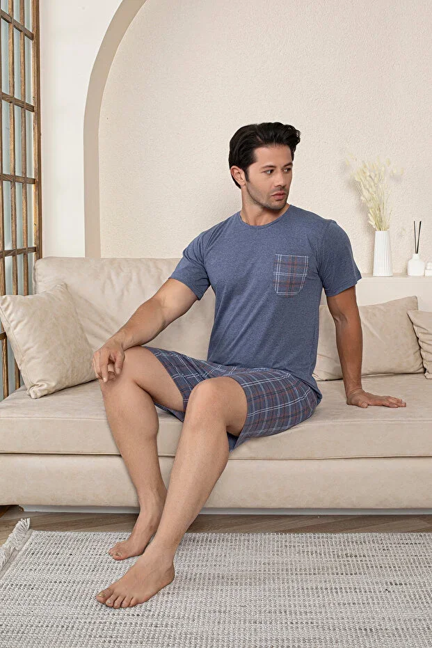 Men's Light Indigo Plaid Short Sleeve Pajama Set with Shorts