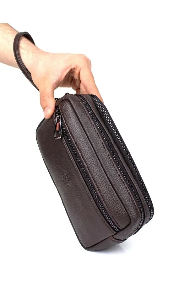 Men's Brown Multi-Compartment Cardholder Detailed Luxury Handbag with Wrist Strap and Belt